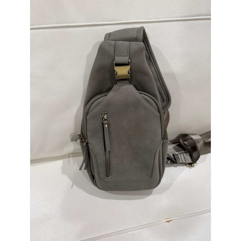 Antik Kraft Grey Vegan Leather Sling Bag Crossbody Backpack Brass Hardware